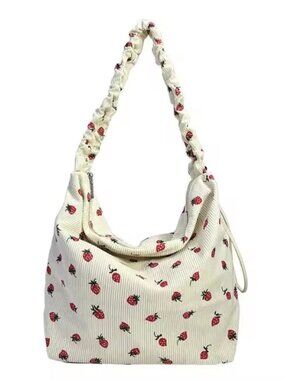 Strawberry All Over Print Corduroy Scrunched Strap w/ Zipper Tote Bag White Cute